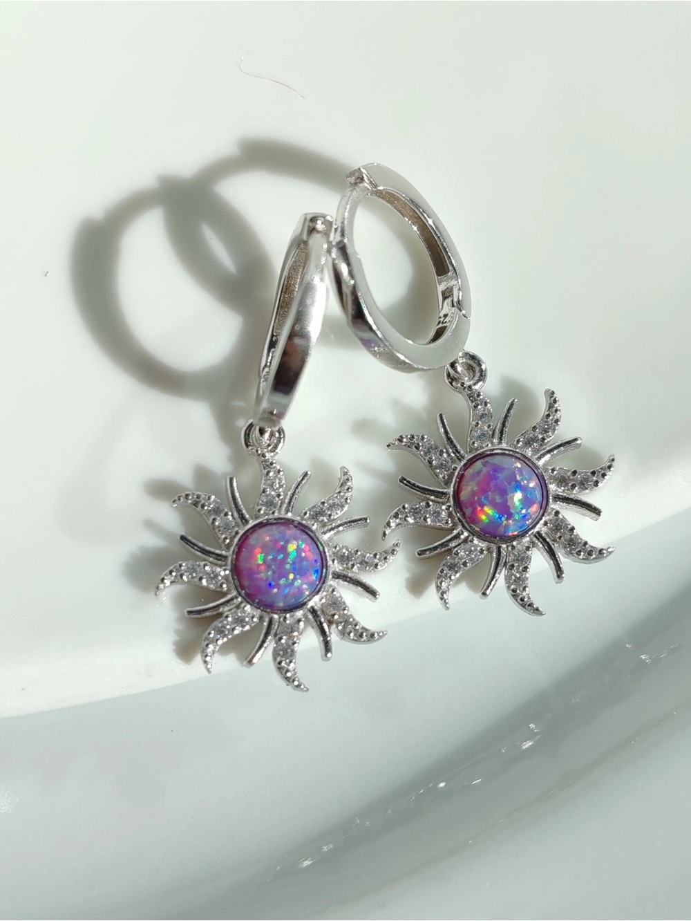 Disney Silver Sunburst Drop Earrings with Purple Opalescent Center